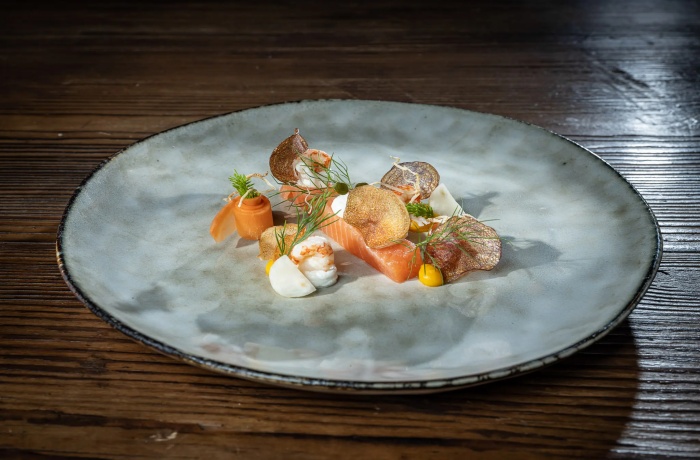 Hotels mit Gourmetrestaurant: Fein angerichtetes Gourmetgericht mit Lachs, Creme-Tupfern, Gemüseelementen und knusprigen Chips auf einem Keramikteller.