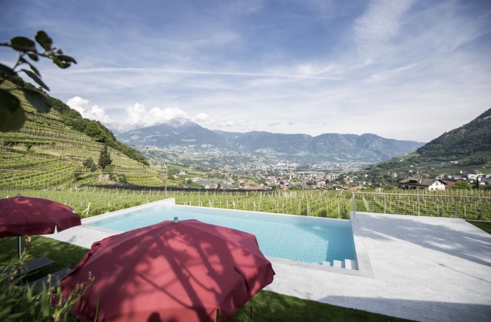 Weingut Hotels: Infinitypool mit roten Sonnenschirmen, umgeben von Weinbergen, mit Blick auf ein Tal und Berge im Hintergrund.