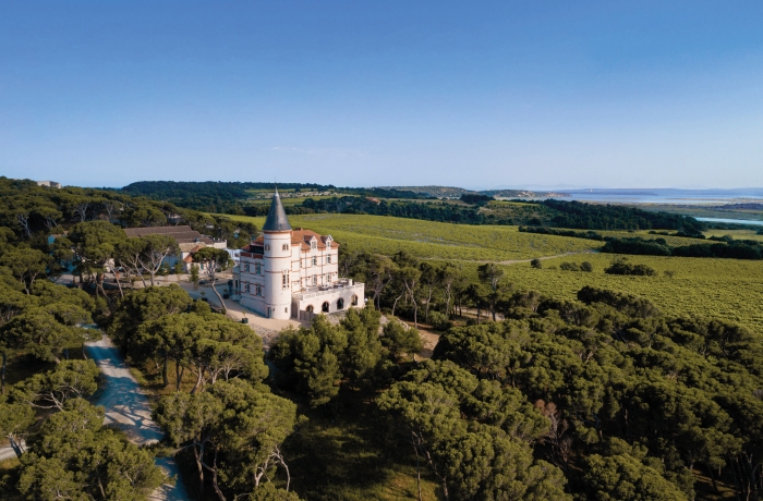 Château Capitoul Hotel umgeben von Weinbergen und mediterraner Landschaft.