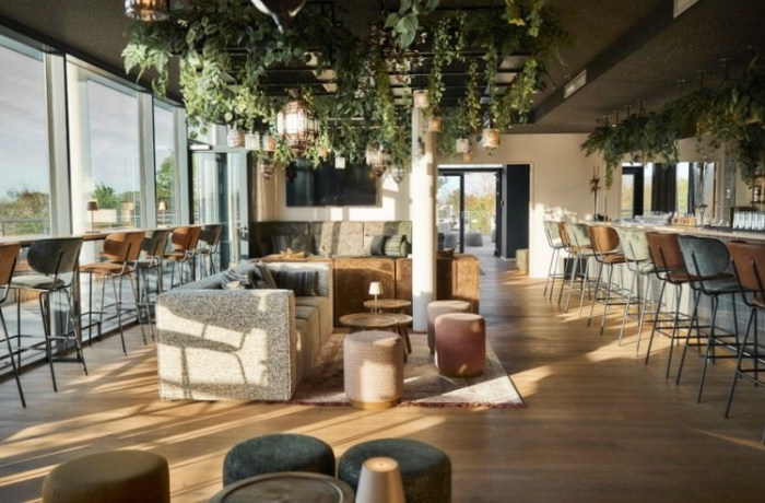 Blick in das Interieur der Rooftop Bar nahe Freiburg: Grüne Hängepflanzen. stylische Designmöbel, helles Holz, viel Licht hinter großen Fensterfronten