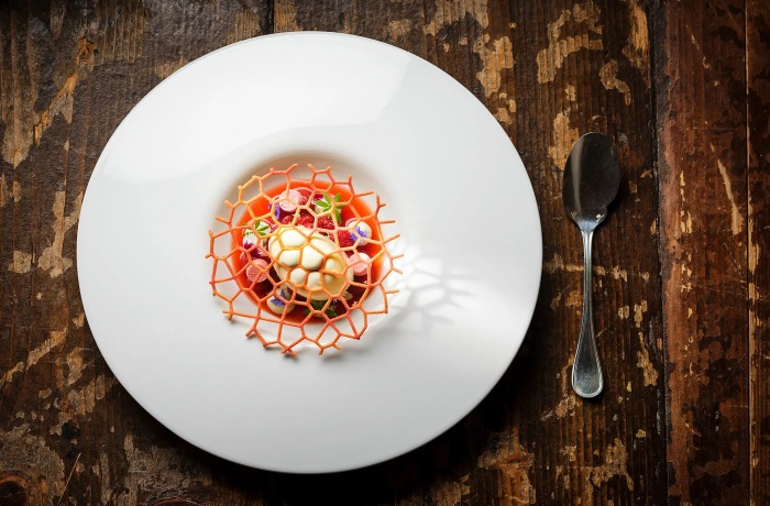 Künstlerisch angerichtetes Gourmetdessert auf weißem Teller: filigranes Netz umrahmt eine kunstvolle Komposition aus Eis, Früchten und Blüten.