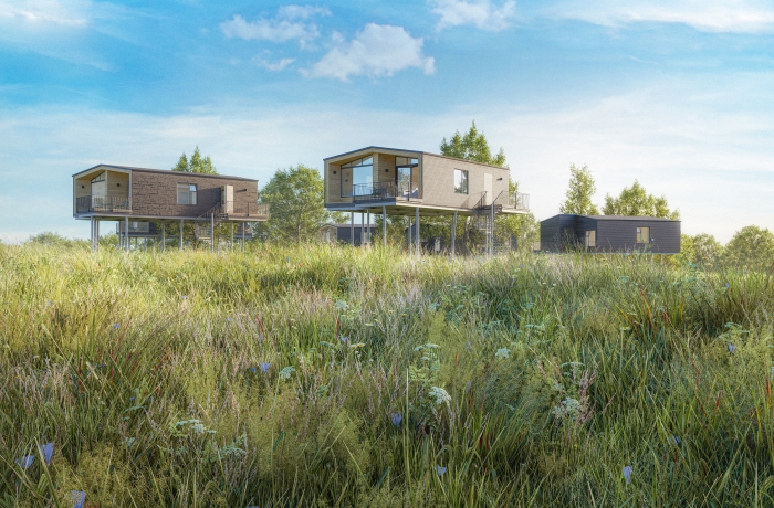 Minimalistische Häuser auf Stelzen in grüner Natur mit moderner Architektur und ruhiger Umgebung.