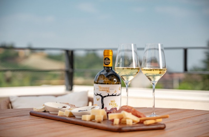 Weinflasche und zwei Gläser Weißwein auf einem Holztisch, dazu ein Brett mit Käse und Wurst, im Hintergrund verschwommene Landschaft.