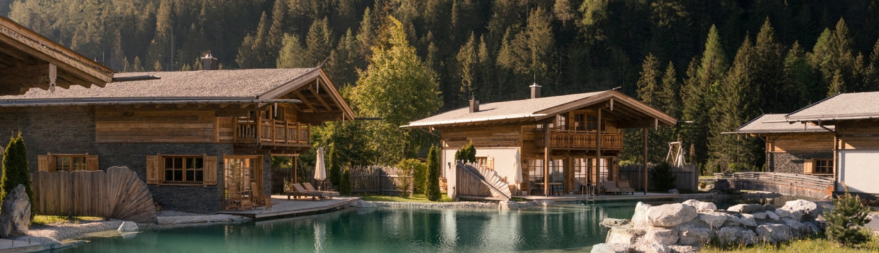 Titelbild für das escapio magazine - dem Ort für Reiseinspiration. Zu sehen ist der Außenbereich des Chaletdorfs "LaPosch – Dein Bergaway" in Biberwir in Tirol, Österreich. Zwei Hütten befinden sich im Bild-Mittelgrund, im Hintergrund ein dichter und dunkelgrüner Tannenwald. Die Hütten sind abgegrenzt durch einen klaren Natur-Badeteich.