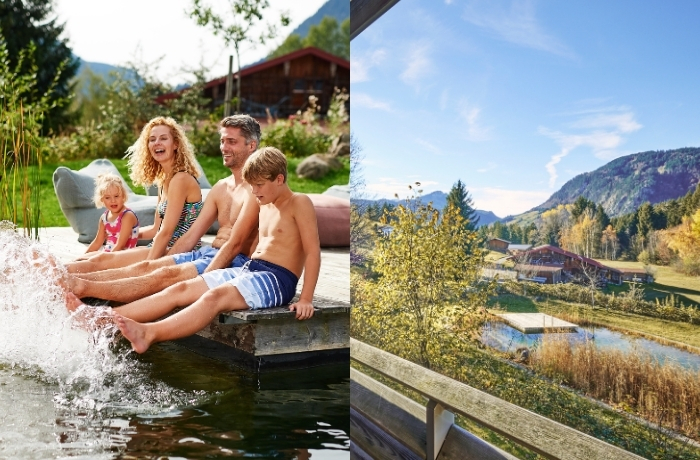 Familie am Naturbadeteich und Ausblick auf die grüne Allgäuer Berglandschaft.