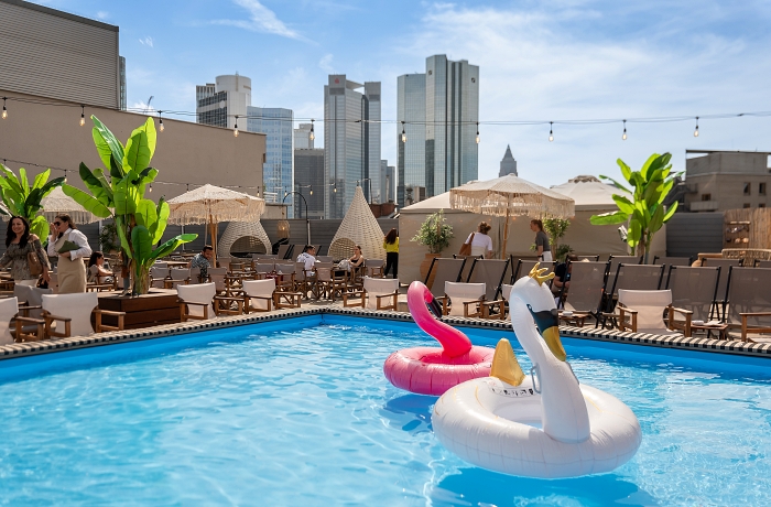 Rooftop Pool mit Blick auf die Frankfurter Skyline, im Pool befinden sich zwei Schwimmreifen in Form eines Schwans und eines Flamingos