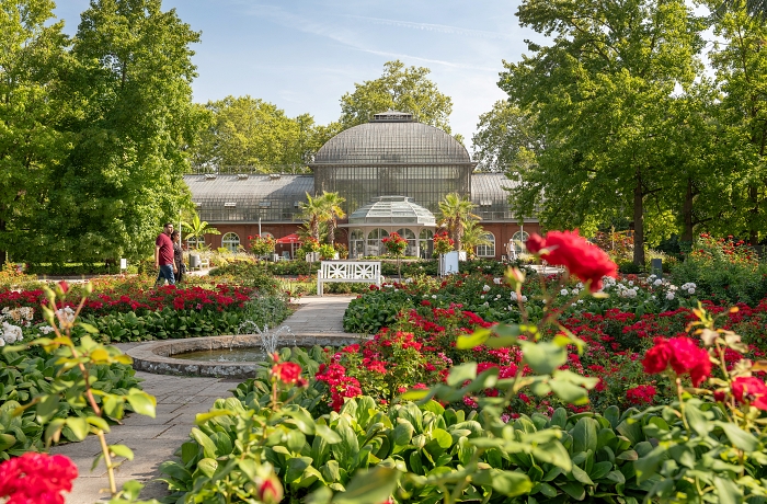 Geheimtipp Frankfurt: Blick auf die Orangerie im begrünten und blühenden Palmengarten Frankfurt
