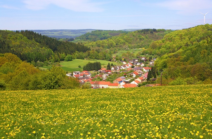 Grüne Berge mit Dorf im Tal. Das Saarland ist ein idyllischer Geheimtipp. 