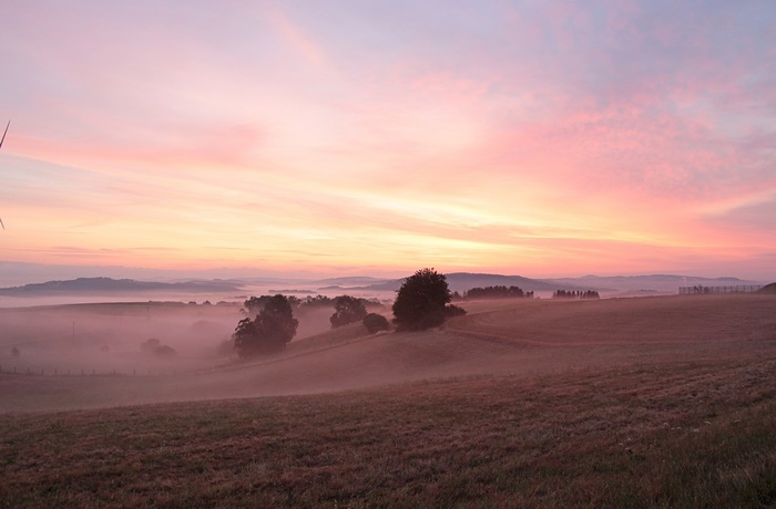 Weites Feld bei Bliesgau im Saarland mit Nebel bei Sonnenaufgang