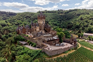 Man blickt auf ein waldumrandetes Schloss in Rheinland-Pfalz